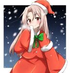  1girl alternate_costume capelet dress foreshortening fur-trimmed_capelet fur-trimmed_dress fur-trimmed_headwear fur_trim grey_hair hat kantai_collection long_hair rakuto89 red_capelet red_dress red_eyes red_headwear santa_hat smile snow solo wide_sleeves zuihou_(kancolle) 