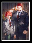  2boys aqua_eyes black_necktie black_pants black_suit blue_eyes boku_no_hero_academia collared_shirt dabi_(boku_no_hero_academia) endeavor_(boku_no_hero_academia) father_and_son formal hand_in_pocket koooogasya long_sleeves looking_at_viewer male_focus multiple_boys necktie pants red_necktie redhead shirt short_hair spiky_hair standing suit white_suit 