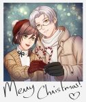  1boy 1girl :d black_gloves brown_coat brown_hair brown_jacket candy candy_cane christmas coat food glasses gloves green_eyes grin hat highres holding holding_food jacket long_hair long_sleeves merry_christmas micoho_art red_gloves rosa_(tears_of_themis) santa_hat short_hair smile sweater tears_of_themis teeth upper_body vyn_richter_(tears_of_themis) white_hair white_sweater yellow_eyes 