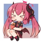  &gt;_&lt; 1girl bangs bendy_straw black_footwear black_shirt black_wings blue_archive blush chibi closed_eyes closed_mouth collared_shirt cup demon_girl demon_horns demon_wings drinking_straw facing_viewer full_body gradient_hair hair_between_eyes halo hana_kazari highres holding holding_cup horns junko_(blue_archive) long_hair low_wings multicolored_hair necktie pleated_skirt pointy_ears puffy_short_sleeves puffy_sleeves red_necktie red_skirt redhead shirt shoes short_sleeves skirt solo twintails very_long_hair wings 