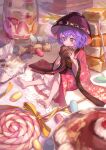  1girl :t bangs barefoot blush bowl bowl_hat cake cake_slice candy candy_wrapper chocolate closed_mouth commentary cup eating floral_print food food_on_face fork full_body hair_between_eyes hat highres holding holding_food japanese_clothes kimono knee_up kyusoukyu lollipop looking_ahead minigirl needle obi petticoat plate purple_hair sash sitting soles sukuna_shinmyoumaru toes touhou violet_eyes wide_sleeves 