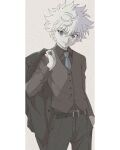  1boy absurdres alternate_costume bangs black_suit blue_eyes enoki_(gongindon) feet_out_of_frame formal highres holding holding_clothes holding_jacket hunter_x_hunter jacket killua_zoldyck long_sleeves looking_at_viewer male_focus short_hair simple_background smile solo spiky_hair suit vest white_hair 