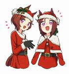  2girls :d animal_ears appleq belt black_belt black_gloves brown_hair capelet commentary cropped_torso ears_through_headwear fur-trimmed_headwear fur-trimmed_sleeves fur_collar fur_trim gloves hat highres horse_ears horse_girl horse_tail long_sleeves looking_at_viewer multiple_girls open_mouth pink_hair pom_pom_(clothes) red_capelet red_headwear sakura_bakushin_o_(umamusume) sakura_laurel_(umamusume) santa_costume santa_hat short_hair simple_background smile tail umamusume white_background 