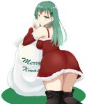  1girl black_thighhighs breasts closed_mouth detached_sleeves feet_out_of_frame green_eyes green_hair hair_ornament hairclip highres kantai_collection large_breasts long_hair looking_back official_alternate_costume one_eye_closed sack santa_costume smile solo suzuya_(kancolle) takashi_(nougyou) thigh-highs v white_background 