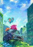  absurdres animal_ears aqua_car bandana bandana_waddle_dee bird blush_stickers building car clouds cloudy_sky colored_skin day elfilin flower grass ground_vehicle highres kirby kirby_(series) kirby_and_the_forgotten_land motor_vehicle mouse_ears no_humans outdoors overgrown pink_skin plant sitting sky solid_oval_eyes suyasuyabi tree twitter_username vines yellow_flower 