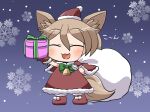  1girl animal_ears bell blush boots box capelet closed_eyes fox_ears fox_tail full_body gift gift_box hair_between_eyes hat holding holding_gift kudamaki_tsukasa light_brown_hair open_mouth pom_pom_(clothes) red_capelet red_footwear red_headwear rokugou_daisuke sack santa_costume santa_hat short_hair signature smile snowflakes solo tail touhou 