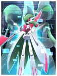  absurdres black_sclera blade border colored_sclera commentary_request full_body gallade gardevoir glowing highres holding iron_valiant looking_at_viewer pink_eyes pokemon pokemon_(creature) shabana_may spikes white_border 