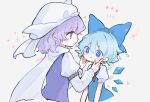  2girls :t arm_belt artist_name bangs blue_bow blue_eyes blue_hair blue_vest blush bow cirno closed_mouth commentary_request cropped_torso hair_between_eyes hair_bow hands_on_another&#039;s_cheeks hands_on_another&#039;s_face hat highres ice ice_wings juliet_sleeves letty_whiterock long_sleeves looking_at_another m_(m073111) medium_hair mob_cap multiple_girls open_mouth puffy_short_sleeves puffy_sleeves purple_hair purple_vest scarf short_sleeves sparkle star_(symbol) touhou vest violet_eyes wavy_hair white_headwear white_scarf wings 