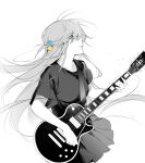  1girl bangs blue_eyes bocchi_the_rock! cube_hair_ornament electric_guitar fant585405 gibson_les_paul gotou_hitori guitar hair_ornament highres holding holding_instrument instrument long_hair looking_ahead monochrome music one_side_up open_mouth playing_instrument pleated_skirt profile shirt short_sleeves simple_background skirt solo spot_color white_background 