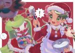  ! 1girl abe_(kumayu) apron blush bowl breasts commentary_request dress flying_sweatdrops green_eyes green_hair hat highres holding holding_whisk icing long_hair long_sleeves mallow_(pokemon) milcery open_mouth pokemon pokemon_(creature) pokemon_(game) pokemon_sm red_dress red_headwear rowlet santa_hat spoken_flying_sweatdrops teeth tsareena twintails waist_apron whisk white_apron 