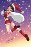  1girl breasts brown_eyes brown_hair choker christmas full_body girls_und_panzer gloves hat holding holding_sack isobe_noriko looking_at_viewer matsui_yasutsugu one-hour_drawing_challenge red_footwear sack santa_costume santa_hat shiny shiny_hair shorts signature simple_background small_breasts smile solo starry_background 