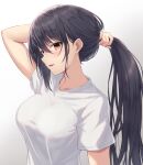  1girl black_hair blush breasts hair_between_eyes highres holding holding_hair kantai_collection large_breasts long_hair monoku nagato_(kancolle) open_mouth red_eyes shirt short_sleeves smile solo tying_hair upper_body white_shirt 