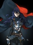 1girl absurdres armor bangs belt black_background black_pants black_sweater blue_cape blue_eyes blue_gloves blue_hair brown_belt cape commentary_request dated fingerless_gloves fire_emblem fire_emblem_awakening flower gloves grin hair_between_eyes half-closed_eyes highres long_hair long_sleeves looking_down lucina_(fire_emblem) pants petals rasupekuto red_cape ribbed_sweater shadow shoulder_armor smile solo sweater tiara turtleneck turtleneck_sweater two-tone_cape white_flower 