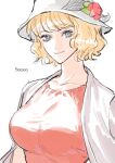 1girl blonde_hair blue_eyes breasts character_name coat collarbone curly_hair flower large_breasts looking_at_viewer one_piece raine_(acke2445) red_flower red_shirt shirt short_hair smile stussy_(one_piece) upper_body white_background white_coat white_headwear