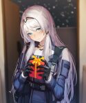  1girl 3_small_spiders an-94_(girls&#039;_frontline) aqua_eyes aqua_hair blurry blurry_background box christmas_present gift gift_box girls_frontline gloves hairband highres holding holding_gift long_hair looking_at_viewer open_door tactical_clothes upper_body 