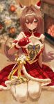  1girl animal_ears antenna_hair bangs blurry blurry_background bow breasts brooch christmas_ornaments christmas_tree closed_mouth daiwa_scarlet_(scarlet_nuit_etoile)_(umamusume) daiwa_scarlet_(umamusume) depth_of_field dress ear_covers fireplace full_body fur-trimmed_dress fur_armlet fur_trim gift gloves green_bow hair_intakes highres horse_ears horse_girl horse_tail hoshinopurin illuminate_the_heart_(umamusume) indoors jewelry kneeling large_breasts long_hair looking_at_viewer official_alternate_costume plaid plaid_dress red_dress red_eyes red_gloves santa_dress short_dress single_ear_cover sleeveless sleeveless_dress smile solo tail thigh-highs tiara umamusume white_thighhighs 