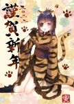  1girl alternate_costume animal_costume animal_ears animal_print blush chinese_zodiac chrome_dokuro commentary_request eyepatch gloves highres hihibi japanese_clothes katekyo_hitman_reborn kimono legs long_hair new_year open_mouth paw_pose purple_hair sitting solo tail tiger_costume tiger_ears tiger_print tiger_tail violet_eyes year_of_the_tiger 