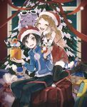  1boy 1girl :d blue_jacket box calem_(pokemon) christmas christmas_tree closed_eyes commentary delibird espurr fletchling gift gift_box hat highres jacket long_hair long_sleeves on_head open_mouth pokemon pokemon_(creature) pokemon_(game) pokemon_on_head pokemon_xy red_headwear red_ribbon red_skirt ribbon santa_hat serena_(pokemon) shirt shoes short_hair sitting skirt sleeveless sleeveless_shirt smile teeth thigh-highs tongue tyou08665851 upper_teeth_only 