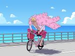  bicycle bird blonde_hair clouds cloudy_sky coat donquixote_doflamingo earrings feather_coat flamingo grin ground_vehicle highres jewelry leg_hair muscular muscular_male nztk_b ocean one_piece open_clothes open_shirt pink_coat seaside shadow shirt short_hair sky smile sunglasses white_shirt 