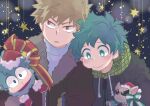  2boys animal animalization bakugou_katsuki blonde_hair blush boku_no_hero_academia bow bright_pupils brown_coat brown_dog chihuahua christmas closed_mouth clothed_animal coat commentary_request dog freckles green_bow green_eyes green_hair green_scarf hat head_on_another&#039;s_shoulder holding holding_animal kan_(k_mham1212) male_focus midoriya_izuku multiple_boys open_mouth red_bow red_eyes red_headwear santa_hat scarf sheep short_hair smile spiky_hair star_(symbol) upper_body white_pupils winter_clothes zipper 