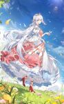  1girl ankle_ribbon argyle battenberg_cake_(food_fantasy) bird blue_eyes blue_ribbon braid bug butterfly butterfly_on_hand clouds day dress falling_petals floral_print flower food_fantasy french_braid from_side full_body gown grass hair_between_eyes hair_ornament hair_ribbon high_heels highres leg_ribbon long_hair looking_at_viewer looking_to_the_side low_twintails mountain multicolored_clothes multicolored_dress official_art petals pink_dress pink_flower pink_ribbon puffy_short_sleeves puffy_sleeves red_footwear ribbon short_sleeves skirt_hold sleeves_past_elbows smile solo standing standing_on_one_leg sunlight third-party_source tiara tree twintails very_long_hair white_dress white_flower white_hair wrist_cuffs yellow_flower 