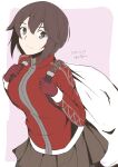  1girl adapted_costume backpack bag black_hair brown_skirt gloves grey_eyes hayasui_(kancolle) highres jacket kantai_collection one-hour_drawing_challenge pleated_skirt red_gloves red_jacket sack short_hair skirt smile solo taira_yuuki track_jacket 