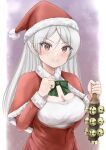  1girl bell blush border breasts brown_background brown_eyes capelet cleavage_cutout clothing_cutout conte_di_cavour_(kancolle) cowboy_shot dress gradient gradient_background hat highres jingle_bell kantai_collection koru_pera large_breasts long_hair long_sleeves red_dress santa_costume santa_hat snowing solo two_side_up white_border 