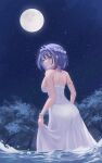  1girl ass blue_eyes blue_hair blush bracelet breasts butt_crack clothes_lift dress dress_lift head_wreath highres hololive jewelry looking_at_viewer moon moonlight night onair ouro_kronii sideboob smile star_(sky) tree virtual_youtuber water white_dress 