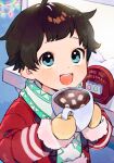  1boy blue_eyes brown_hair christmas_lights coat commentary english_commentary english_text food highres hot_chocolate looking_at_viewer male_child male_focus marshmallow mittens open_mouth original red_coat scarf smile solo teeth thebrushking upper_teeth_only winter_clothes 