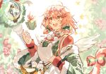  1girl :d animal_ears apron arknights bangs bow box braid capelet cat_ears commentary english_commentary feathered_wings flower fur-trimmed_capelet fur_trim gift gift_box goldenglow_(arknights) goldenglow_(night_loving_servant)_(arknights) green_bow green_capelet hair_between_eyes hair_bow hair_rings hairband highres holding holding_instrument instrument long_sleeves looking_away narugrm orb pink_hair red_flower red_hairband red_rose red_sweater rose sleeves_past_wrists smile solo star_(symbol) sweater teeth trumpet twin_braids upper_body upper_teeth_only white_apron white_wings wings yellow_eyes 