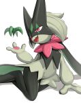  1other :d arm_support claws commentary_request furry gonzarez highres meowscarada open_mouth pink_eyes pokemon pokemon_(creature) simple_background smile solo white_background 
