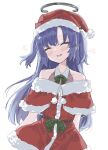  1girl alternate_costume bangs bare_shoulders blue_archive blue_hair blush closed_eyes collarbone commentary dress fur-trimmed_dress fur_trim grin halo hat highres long_hair mechanical_halo red_dress santa_dress santa_hat sidelocks simple_background smile solo standing touhou90275 two_side_up upper_body very_long_hair white_background yuuka_(blue_archive) 