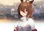  1girl absurdres agnes_tachyon_(umamusume) ahoge alternate_costume animal_ears bangs blurry blurry_background bokeh breasts depth_of_field hair_between_eyes highres horse_ears light_blush long_hair parted_lips red_eyes small_breasts solo sweater turtleneck turtleneck_sweater umamusume upper_body white_sweater yanyo_(ogino_atsuki) 