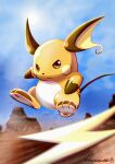  absurdres blue_sky brown_eyes closed_mouth clouds commentary_request day desert dust frown full_body highres motion_blur no_humans outdoors pokemon pokemon_(creature) raichu serious signature sky solo sun twitter_username watagashikn 