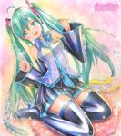  1girl ahoge boots commentary_request detached_sleeves hatsune_miku headphones high_heels long_hair mayo_riyo mimikaki non-web_source shoes solo thigh-highs thigh_boots tissue twintails very_long_hair vocaloid zettai_ryouiki 