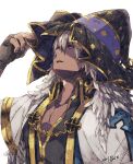  1boy adjusting_clothes adjusting_headwear arch_bishop_(ragnarok_online) bangs black_gloves black_headwear black_shirt chain commentary_request cross dark-skinned_male dark_skin dated fingerless_gloves gloves gold_trim hair_between_eyes hat long_hair looking_up male_focus messy_hair official_alternate_costume open_mouth pectoral_cleavage pectorals print_headwear ragnarok_online red_eyes shirt simple_background solo star_(symbol) star_print tokio_(okt0w0) upper_body white_background white_hair witch_hat 
