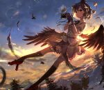  1girl bangs bird_wings black_feathers black_hair black_skirt black_thighhighs black_wings camera closed_mouth collared_shirt feathers frilled_skirt frills full_body geta hat highres holding holding_camera looking_at_viewer mountain noumin_joemanyodw outdoors pom_pom_(clothes) red_footwear red_headwear shameimaru_aya shirt short_hair skirt sky smile solo sunset tengu-geta thigh-highs tokin_hat touhou white_shirt wings 