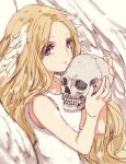  1girl blonde_hair breasts closed_mouth commentary_request dress expressionless feathered_wings holding holding_skull long_hair looking_at_viewer mistress_of_shelter ragnarok_online skull sleeveless sleeveless_dress small_breasts solo tokio_(okt0w0) upper_body violet_eyes white_dress white_wings wings 
