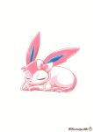  absurdres closed_eyes closed_mouth commentary_request english_commentary full_body highres lying mixed-language_commentary no_humans on_stomach pokemon pokemon_(creature) signature simple_background sleeping smile solo sylveon twitter_username watagashikn white_background 