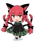  1girl :3 :d animal_ears black_bow black_dress black_footwear bow braid cat_ears cat_girl cat_tail chibi chups dress fang full_body hair_bow highres kaenbyou_rin long_hair long_sleeves looking_at_viewer multiple_tails nekomata open_mouth redhead side_braids simple_background smile solo tail touhou twin_braids two_tails white_background 