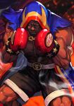  1boy abs balrog_(street_fighter) belt boxing_gloves boxing_shorts brown_eyes chain_necklace dark-skinned_male dark_skin feet_out_of_frame fighting_stance gloves hankuri hood hood_up hooded_coat jewelry male_focus muscular muscular_male necklace red_gloves shorts solo street_fighter street_fighter_v 