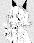  1girl animal_ears bangs breasts cup curren_chan_(umamusume) ear_bow greyscale head_rest holding holding_cup horse_ears long_sleeves looking_at_viewer looking_to_the_side medium_breasts monochrome shirt solo steam t-okada teacup umamusume upper_body 