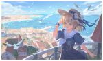  1girl absurdres aqua_eyes bangs bird blonde_hair blue_ribbon blush bracelet building buttons cityscape clouds commentary_request day dress eyelashes fence hand_up hat hat_ribbon highres hyxifeng jewelry long_hair open_mouth original outdoors ribbon short_sleeves sky smile teeth upper_teeth_only water 