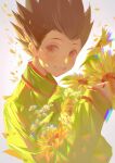  1boy black_hair brown_eyes commentary commentary_request feitian5575 flower gon_freecss green_jacket highres hunter_x_hunter jacket male_child male_focus simple_background smile solo spiky_hair teeth white_background 