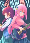 2girls ^_^ back-to-back bangs blue_eyes blue_skirt bocchi_the_rock! braid breasts closed_eyes closed_mouth cube_hair_ornament electric_guitar gotou_hitori grin guitar guraasan hair_between_eyes hair_ornament highres hiroi_kikuri holding holding_instrument instrument jacket long_hair long_sleeves medium_breasts multiple_girls neon_lights one_side_up pink_hair pink_jacket pleated_skirt profile puffy_long_sleeves puffy_sleeves redhead single_braid skirt smile track_jacket v-shaped_eyebrows very_long_hair 