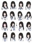  1girl :o :t absurdres bangs black_hair black_sailor_collar chitanda_eru closed_mouth cropped_torso embarrassed expression_chart expressions hand_up hands_over_own_mouth hands_up highres hyouka kamiyama_high_school_uniform_(hyouka) long_hair looking_at_viewer mery_(yangmalgage) multiple_views neckerchief open_mouth pink_neckerchief pouty_lips sailor_collar scared school_uniform serafuku shirt simple_background violet_eyes white_background white_shirt 