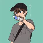  1boy baseball_cap blue_background blue_eyes blush bottle breast_pocket brown_hair commentary_request delicious_party_precure grey_shirt hat highres male_focus pocket precure shinada_takumi shirt solo sweat water_bottle yufu_kyouko 