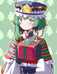  1girl asymmetrical_hair black_gloves blue_headwear blush box closed_mouth english_commentary epaulettes frilled_hat frills fur_trim gift gift_box gloves green_background green_eyes green_hair hat highres holding holding_gift long_sleeves looking_at_viewer shiki_eiki short_hair smile solo spam_(spamham4506) striped_capelet sweat touhou upper_body 