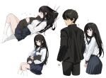  1boy 1girl black_jacket black_pants black_sailor_collar black_skirt blue_eyes cat chitanda_eru cowboy_shot gakuran green_eyes highres hyouka jacket kamiyama_high_school_uniform_(hyouka) long_hair mery_(yangmalgage) oreki_houtarou pants pleated_skirt sailor_collar school_uniform serafuku short_hair simple_background skirt white_background 