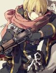  1boy bangs black_cat black_coat black_gloves blonde_hair buttons cat closed_mouth coat commentary_request dated double-breasted emblem gloves green_eyes gun hair_between_eyes holding holding_gun holding_weapon long_sleeves looking_to_the_side male_focus military military_uniform pants ragnarok_online rebellion_(ragnarok_online) red_scarf rifle scarf short_hair signature simple_background smile solo stuffed_animal stuffed_toy teddy_bear tokio_(okt0w0) uniform upper_body weapon white_pants 